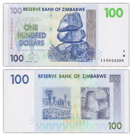 Billet de collection 100 dollars 2007 (2008) zimbabwe - neuf - p69 - préfixe za billet de remplacement