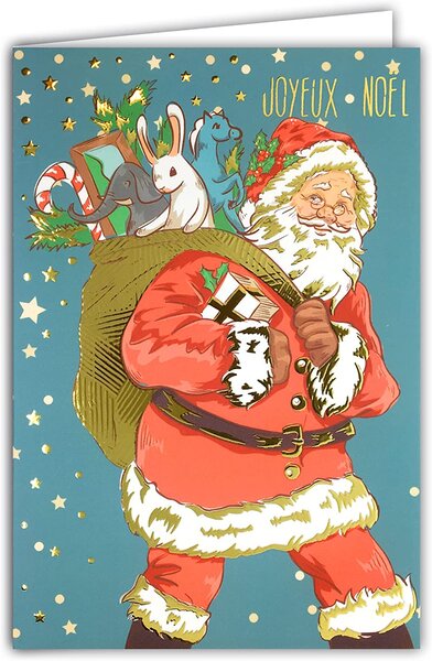 Carte joyeux père noël hotte en or doré brillant relief au touché avec enveloppe