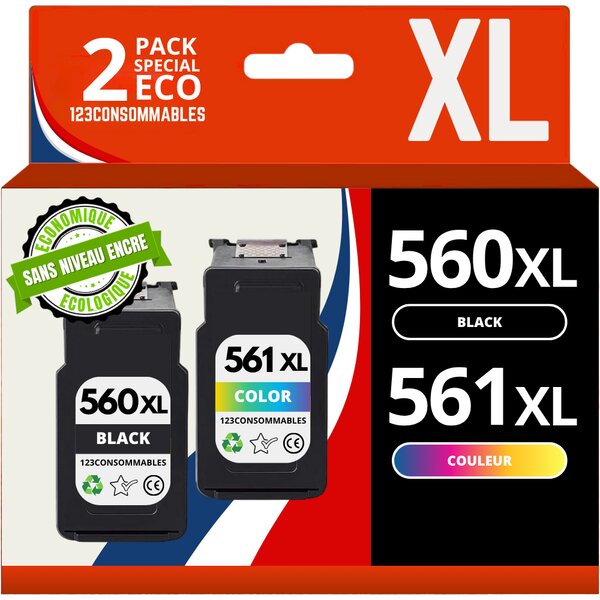Pack 2 cartouches compatibles avec CANON PG-560 XL/CL-561 XL - sans niveau