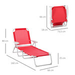 Bain de soleil pliable - transat inclinable 4 positions - chaise longue grand confort avec accoudoirs - métal époxy textilène - dim. 160L x 66l x 80H cm - rouge
