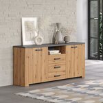 Buffet FOLLOW - Mélamine chêne artisan et gris ardoise - 2 Portes + 3 Tiroirs - 180 x 40 x 83 cm