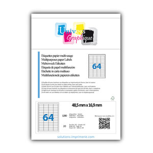 Lot de 20 planches a4 de 64 étiquettes à bords vifs 48 5 x 16 9 mm en papier blanc 70g/m² multifonction