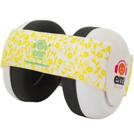 Casque antibruit pour bébé ems 4 kids  coque blanche  bandeau jaune à fleurs