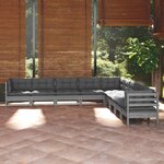 vidaXL Salon de jardin 9 Pièces avec coussins gris bois de pin solide