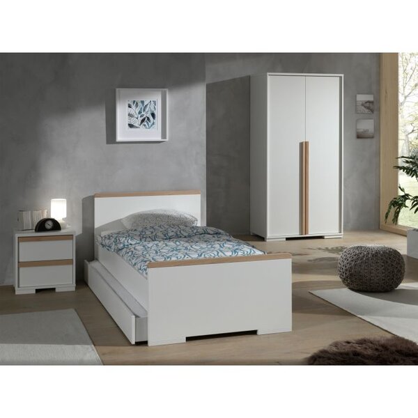 LONDON  Lit Blanc + Chevet 2 tiroirs Blanc + Armoire  2 Portes Blanc mat + Lit gigogne