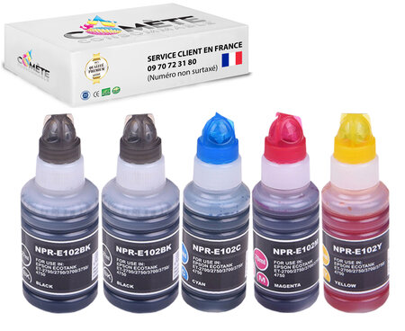 5 recharges 102 compatibles pour imprimantes epson ecotank - 2 noir + 1 cyan + 1 magenta + 1 jaune