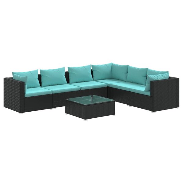 Salon de jardin meuble d'extérieur ensemble de mobilier 7 pièces avec coussins résine tressée noir 02_0017321