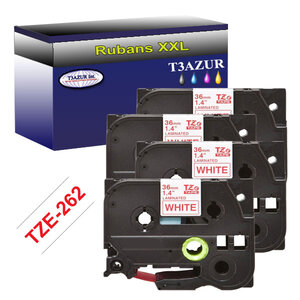 4 x Rubans pour étiquettes laminées génériques Brother Tze-262 pour étiqueteuses P-touch - Texte rouge sur fond blanc - T3AZUR