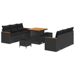 Ensemble de canapés de jardin 9 pièces avec coussins en poly rattan noir et acacia