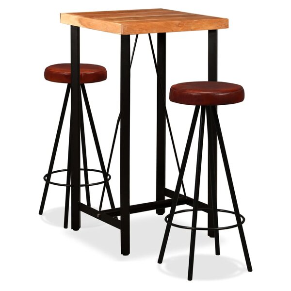 vidaXL Ensemble de bar 3 Pièces Bois d'acacia massif et cuir véritable