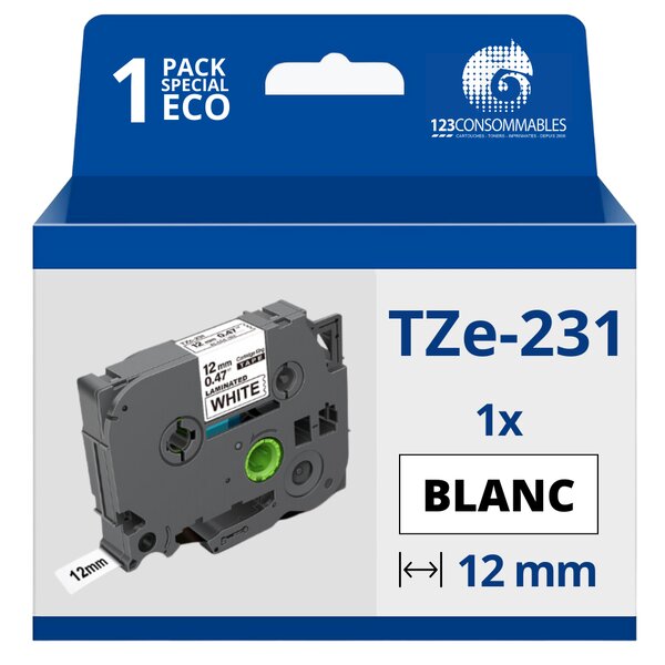 Ruban compatible Brother TZe-231 - Texte noir sur fond blanc - Largeur 12 mm x 8 mètres