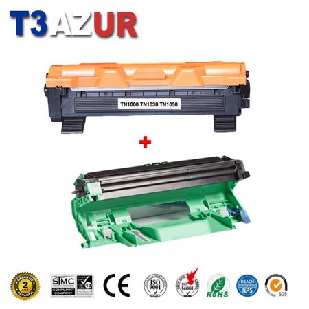 Kit Tambour+Toner compatible avec Brother TN1050  DR1050 pour Brother DCP1510  DCP1512  DCP1610W  DCP1612W  - T3AZUR