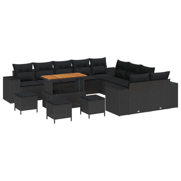 Ensemble de Canapé de Jardin 14 pièces avec Coussins Noir Poly Rotin Acacia
