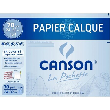 Papier calque Canson Pochettes 12 feuilles calque format 24x32cm 70 grammes avec pastilles repositionnables