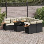 vidaXL Salon de jardin avec coussins 9 Pièces noir résine tressée acacia
