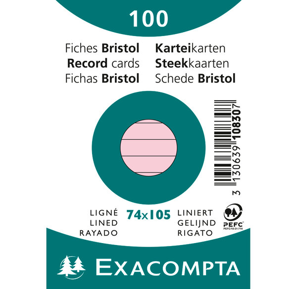 Paquet de 100 Fiches Bristol A7 rose ligné s/s film EXACOMPTA