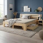 Lit en Bois 180x200 cm Naturel - Lit Double avec 2 Tiroirs de Rangement et  avec Matelas - Massif