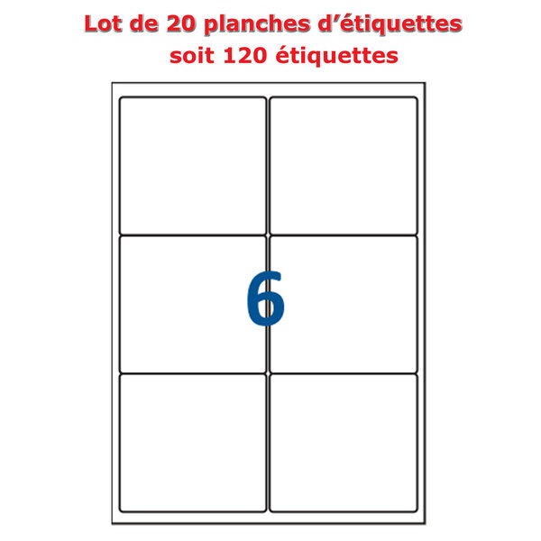 Lot de 20 Planches étiquettes autocollantes sur feuille A4 : 99 1 x 93 1 mm (6 étiquettes par feuille)