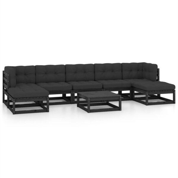 vidaXL Salon de jardin 8 Pièces avec coussins Noir Bois de pin massif