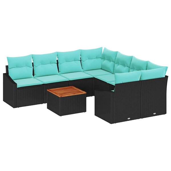 vidaXL Ensemble de canapé de jardin avec coussin 9 Pièces Noir Poly rotin