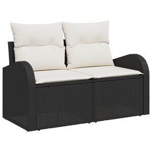 Canapé de jardin 2 places avec coussins noir en poly rattan