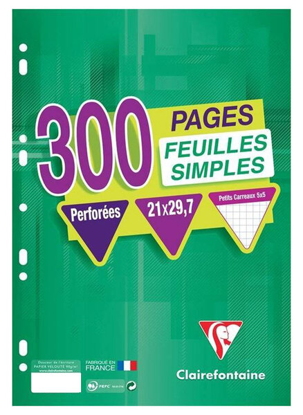 Clairefontaine 300 Feuilles Simples Perforées A4 21x29,7 Petits Carreaux (lot de 3)