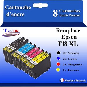 T3AZUR- 8x Cartouches Compatibles avec Epson 18XL 18 XL remplace Epson Expression Home XP-225  XP-30  XP-302  XP-305  XP-312  XP-315  XP-322  XP-325