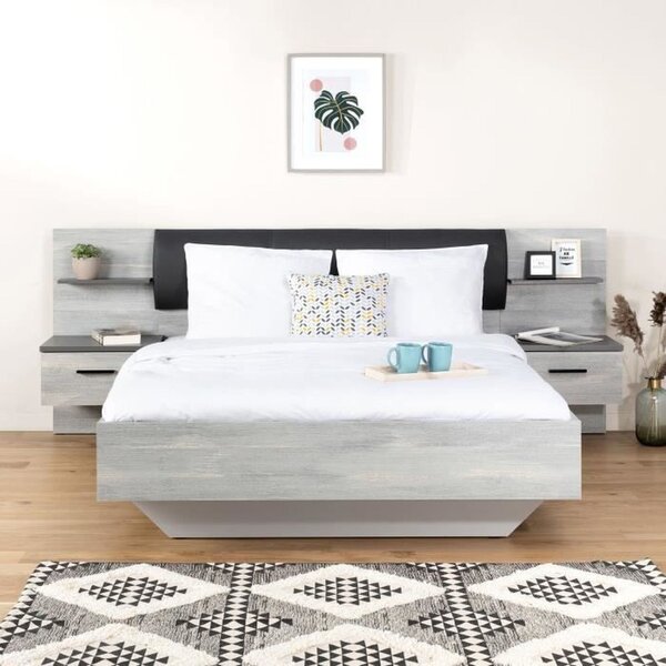 LEONARD Lit adulte 140 x 190 cm + 2 Chevets et Tête de lit en simili - chêne - 195 7 x 235 5 x 90 5 cm