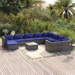 vidaXL Salon de jardin 11 Pièces avec coussins Résine tressée Gris