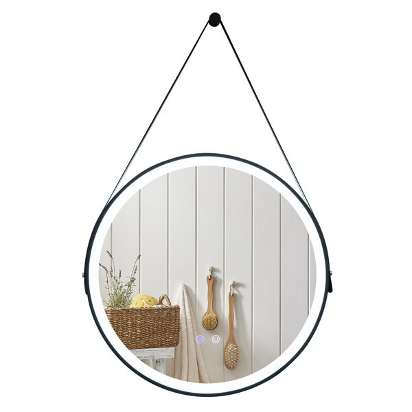 Miroir rond 60 cm salle de bain avec éclairage tricolore anti-buée sangle ajustable moderne en verre argent 20_0019548