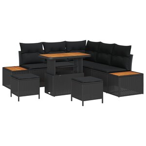 Ensemble de Canapés de Jardin 8 pièces avec Coussins Noir Poly Rotin Acacia