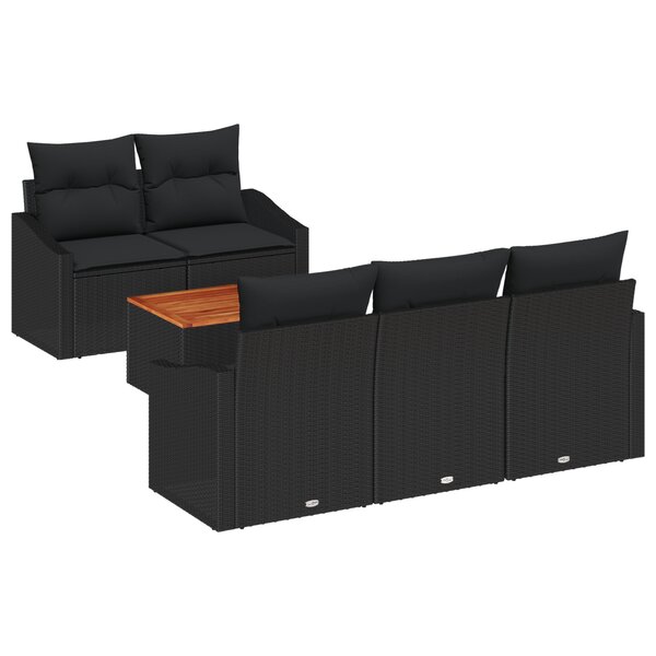 vidaXL Set de canapé de jardin 6 pièces avec coussins noirs en rattan poly et acacia