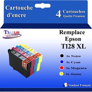 T3AZUR- 4x Cartouches Compatibles avec Epson T1281 T1282 T1282 T1284 remplace Epson Stylus Office S22 SX125 SX130 SX230 SX235W