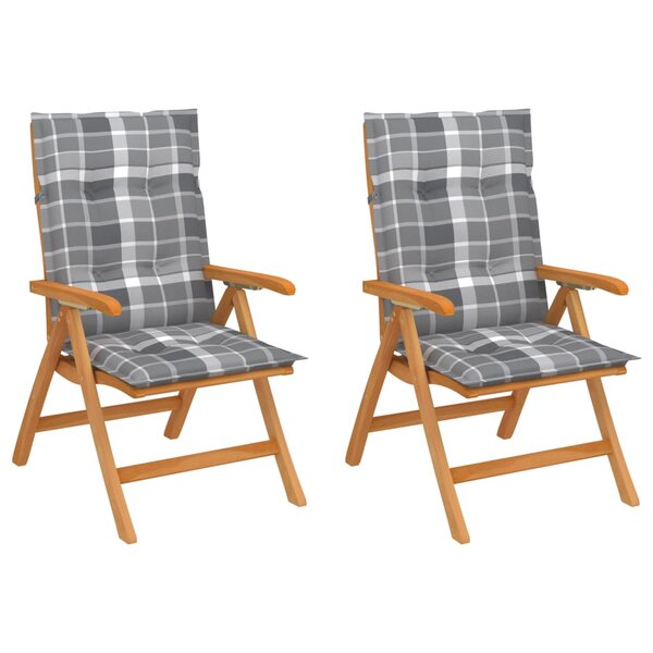 vidaXL Chaises de jardin 2 Pièces avec coussins à carreaux gris Teck