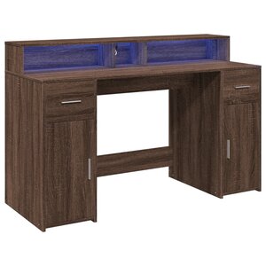 Bureau table poste de travail meuble d'ordinateur informatique étude et lumières LED chêne bois d'ingénierie brun 02_0023792