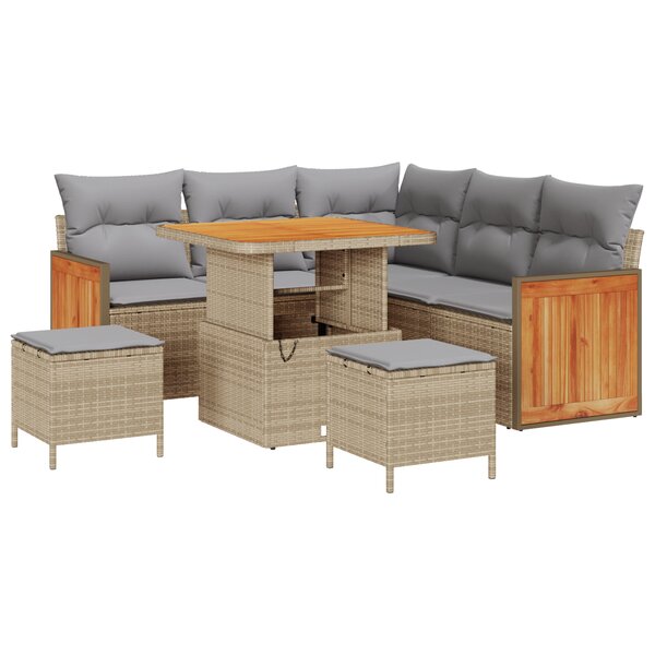 Ensemble de canapé de jardin 8 pièces avec coussins en poly rotin beige Acacia