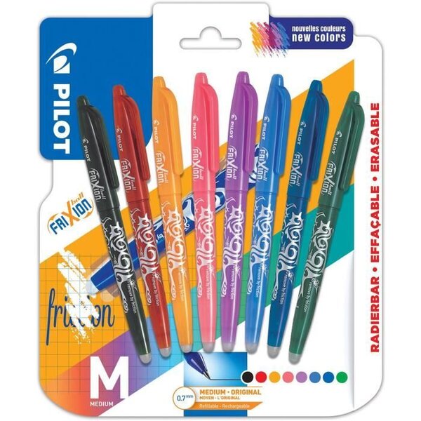 PILOT - Eventail de rollers effacables - Frixion Ball X8 (noir, bleu, rouge, vert, abricot, corail, mauve, bleu ciel ) - Pointe Moye