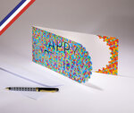 Carte double extravagance créée et imprimée en france sur papier certifié pefc - happy birthday - boutons multicolores - découpe boutons et or à chaud