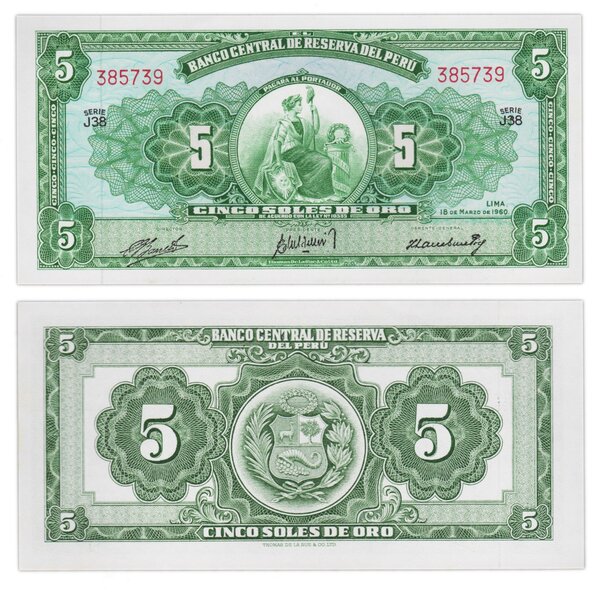 Billet de Collection 5 soles de oro 1960 Pérou - Neuf - P76