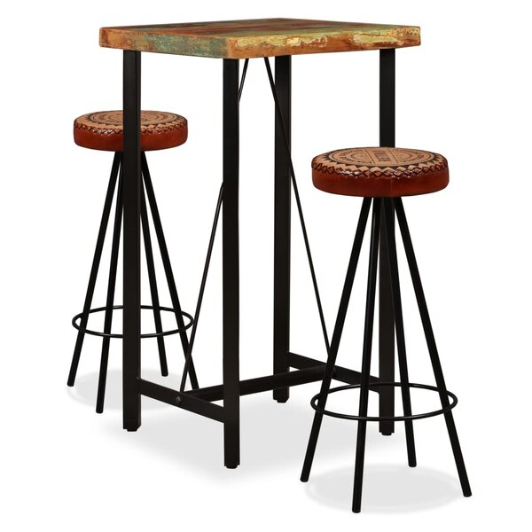 vidaXL Ensemble de bar 3 Pièces Bois de récupération Cuir véritable et toile