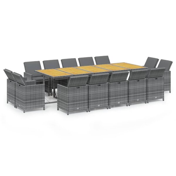 vidaXL Ensemble à manger de jardin coussins 15 Pièces Résine tressée Gris