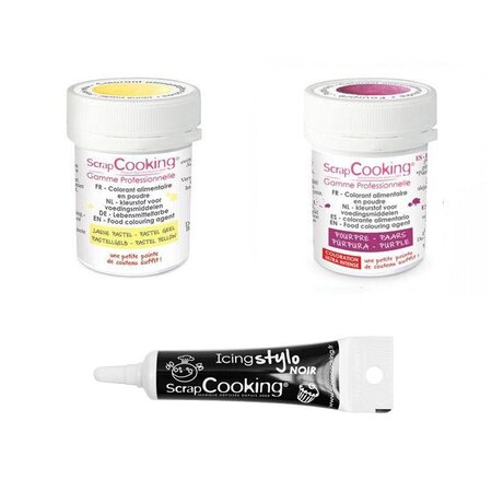 2 colorants alimentaires pourpre-jaune pastel + Stylo glaçage noir