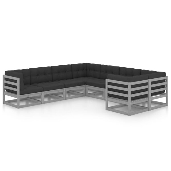 vidaXL Salon de jardin 8 Pièces avec coussins Gris Bois de pin massif