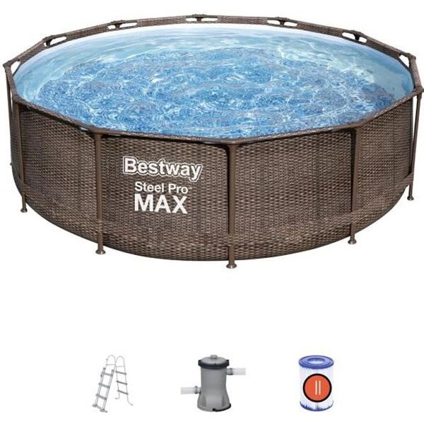 BESTWAY Piscine hors-sol Tubulaire Steel Pro Max - 366 x 100 cm - Imitation Rotin - Épurateur a Cartouche de 2006 L/H Échelle