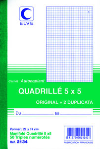 Manifold Autocopiant Quadrillé 5 x 5 210 x140 mm 50 Feuillets Tripli ELVE