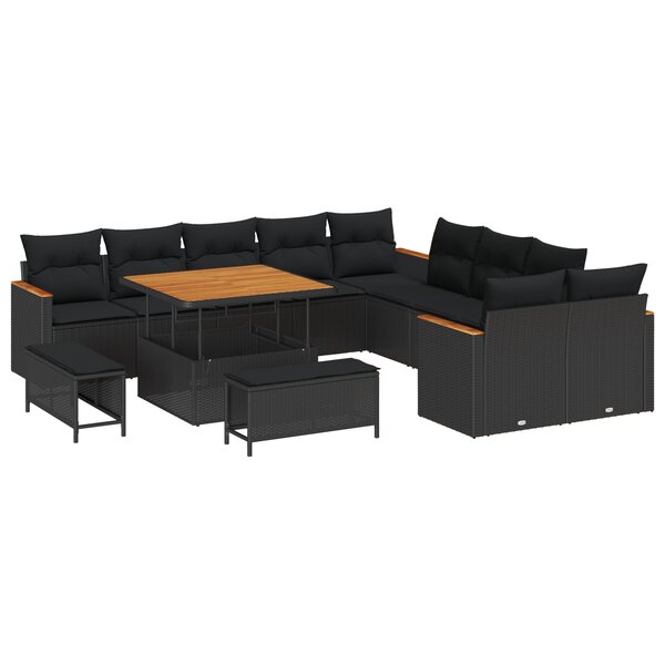 Canapé de Jardin 13 Pièces avec Coussins Noir Rattan Acacia