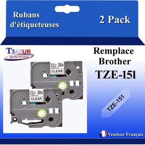 2x Rubans d'étiqueteuses compatibles avec Brother Tze151  Tze-151 pour étiqueteuses P-touch - Texte noir sur fond transparent - T3AZUR