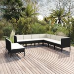 vidaXL Salon de jardin 9 Pièces avec coussins Résine tressée Noir