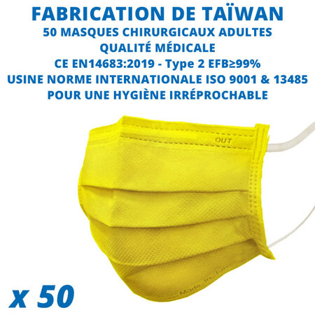 50 Masques chirurgicaux CE fabriqué à Taïwan de qualité médicale - Filtration ≥ à 99% - Type II CE EN14683:2019 - Coloris JAUNE - YI TING
