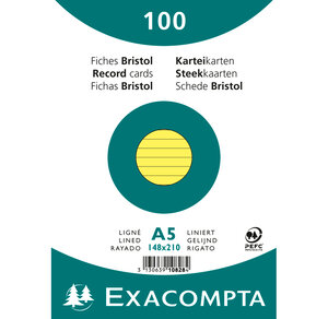 Paquet de 100 Fiches Bristol A5 jaune ligné. s/s film EXACOMPTA